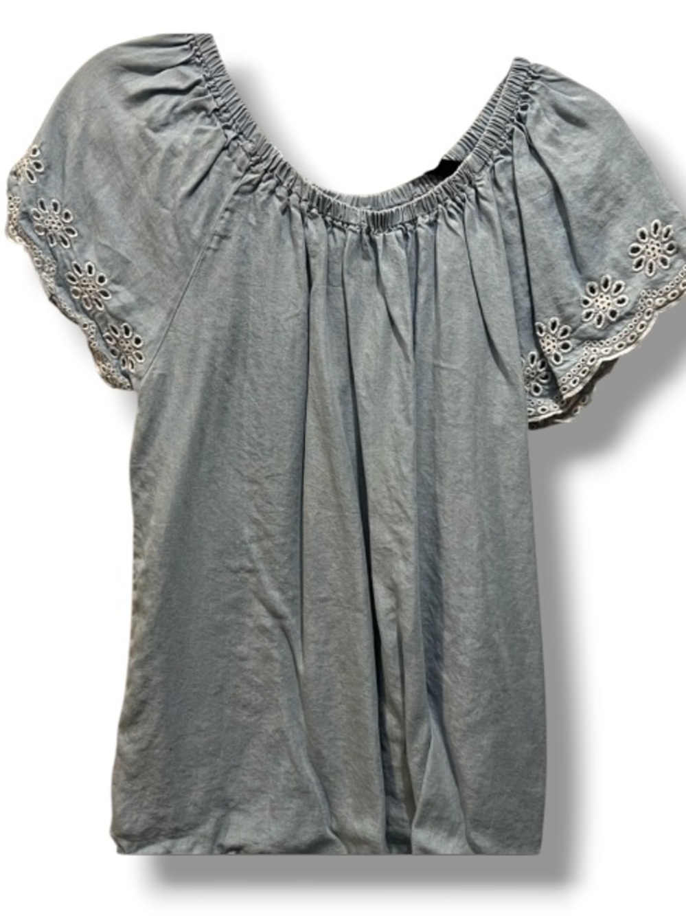 Alison Andrews Women’s Blue Denim Off Shoulder lace crochet sleeve detail top